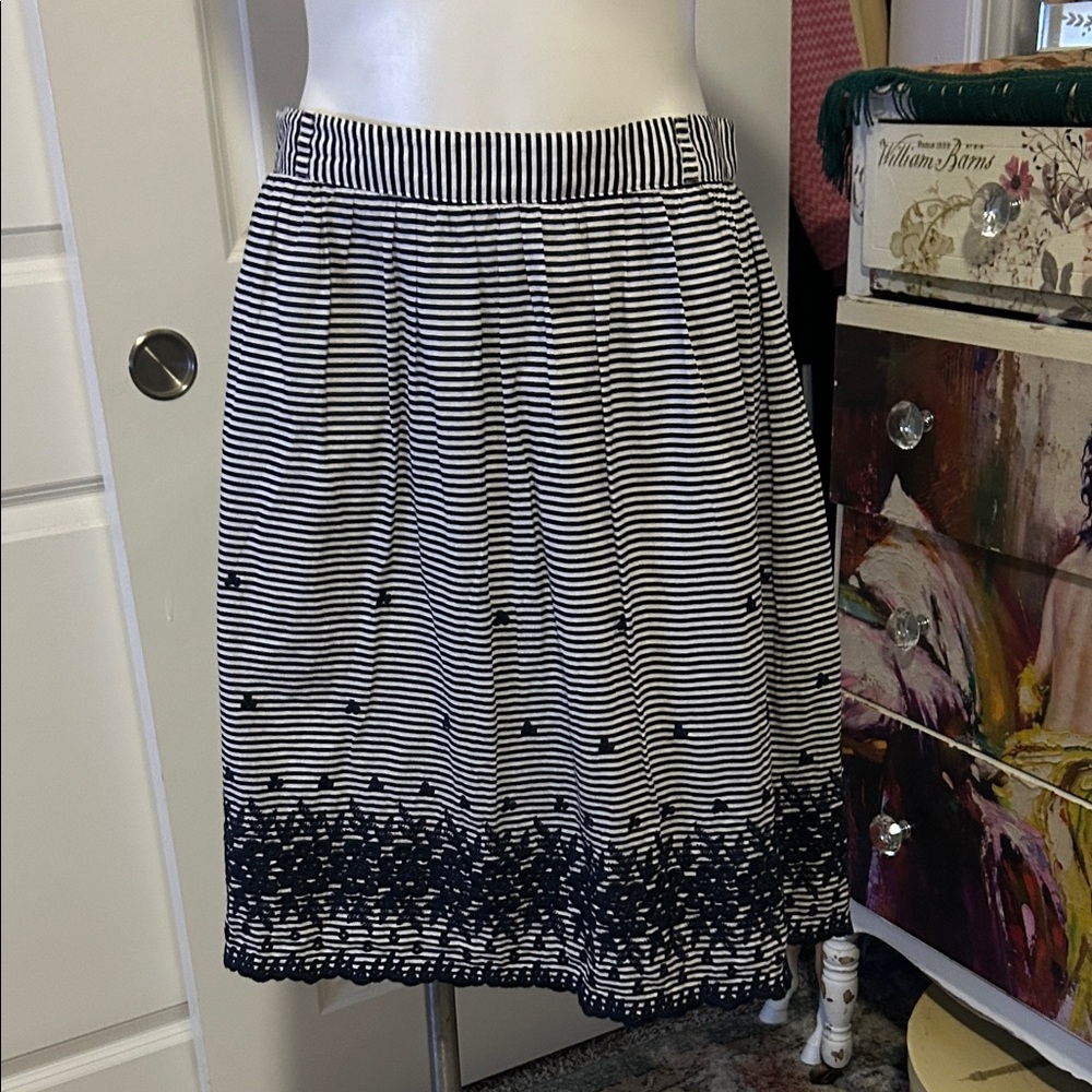 kate spade Navy and White Striped A-Line Skirt with Embroidered Hem